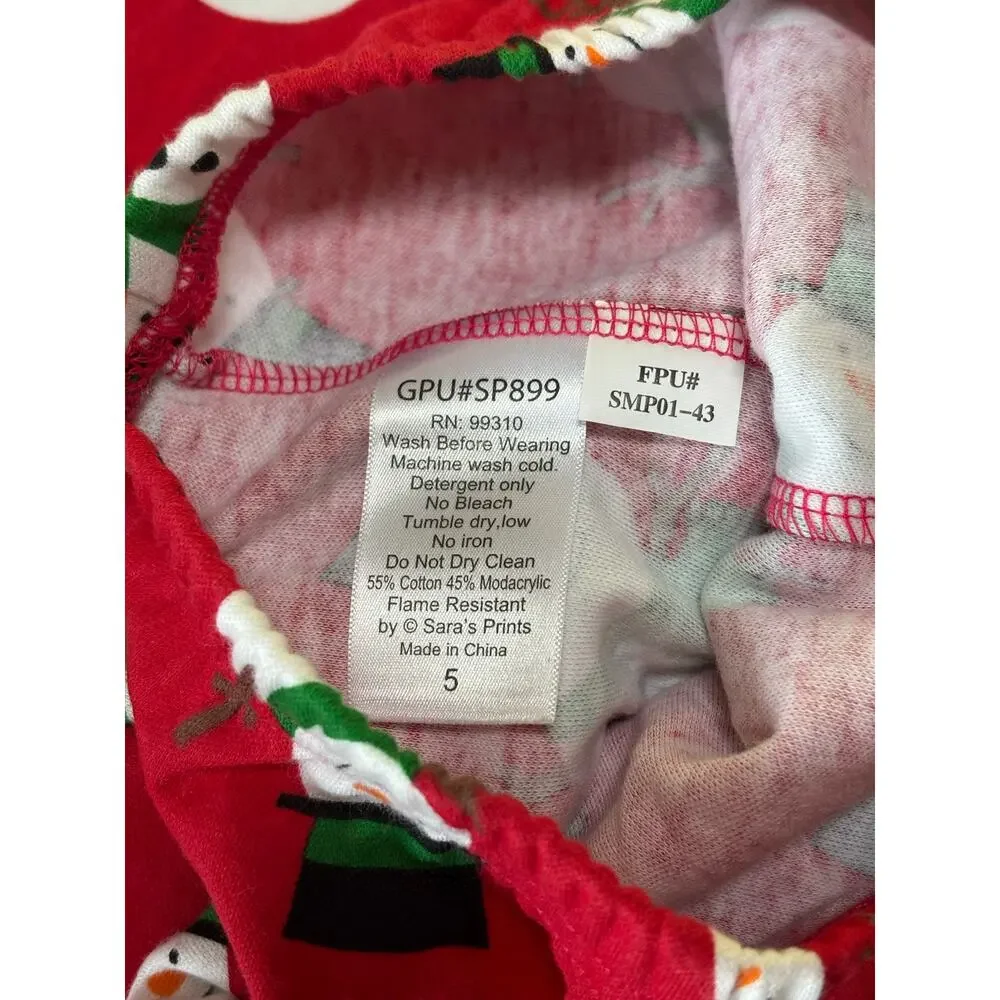 NEW Sara’s Prints Kids Red Green Snowman 2 Piece Pajama Set Flame Resistant 5‎